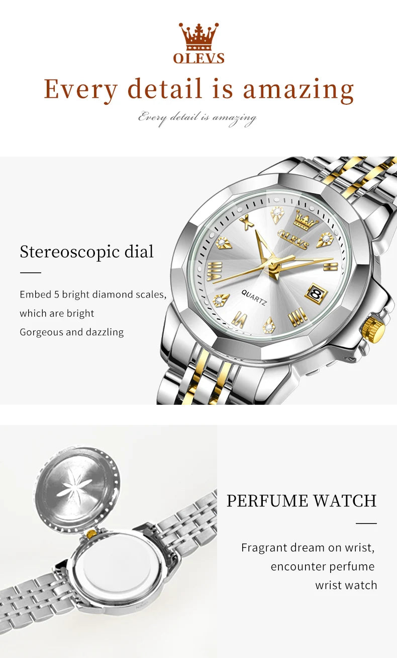 OLEVS 9931X Women Watches Fashion Original Fragrant Quartz Watch Waterproof Rhombus Stainless Steel Date Perfume Ladies Watches