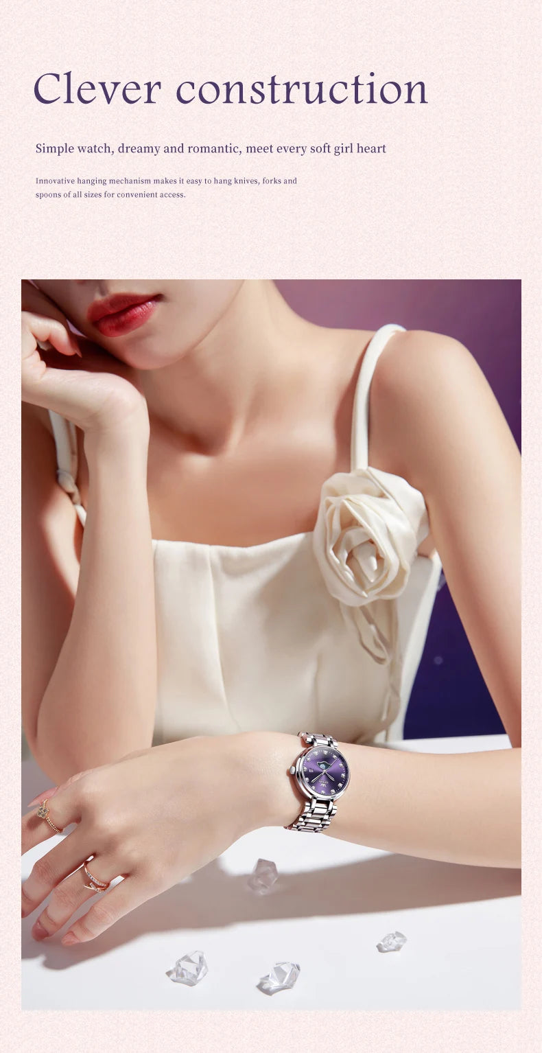 OLEVS Diamond Time Purple Moon Phase Dial Women Watches Luxury Brand New Fashion Women Quartz Watch Steel Waterproof Dress Watch