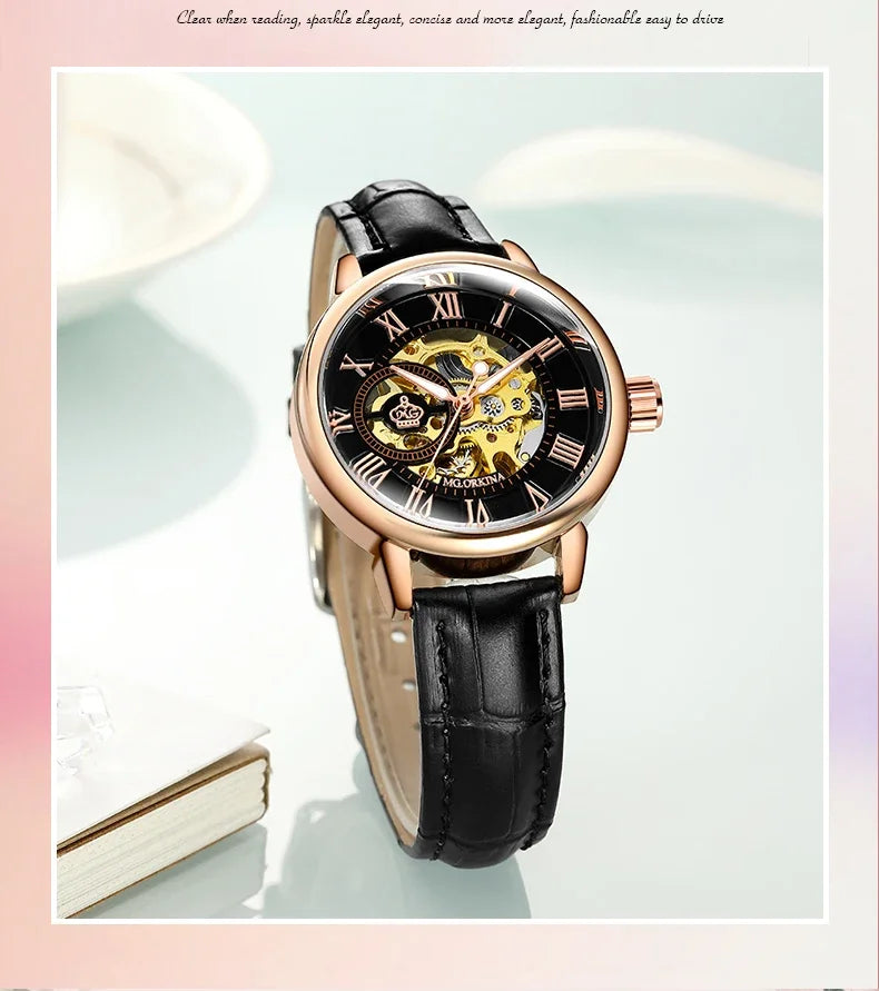 ORKINA Luxury Brand Skeleton Design Waterproof Automatic Mechanical Stainless Steel Mesh Strap Rose Gold Wrist Watch for Women