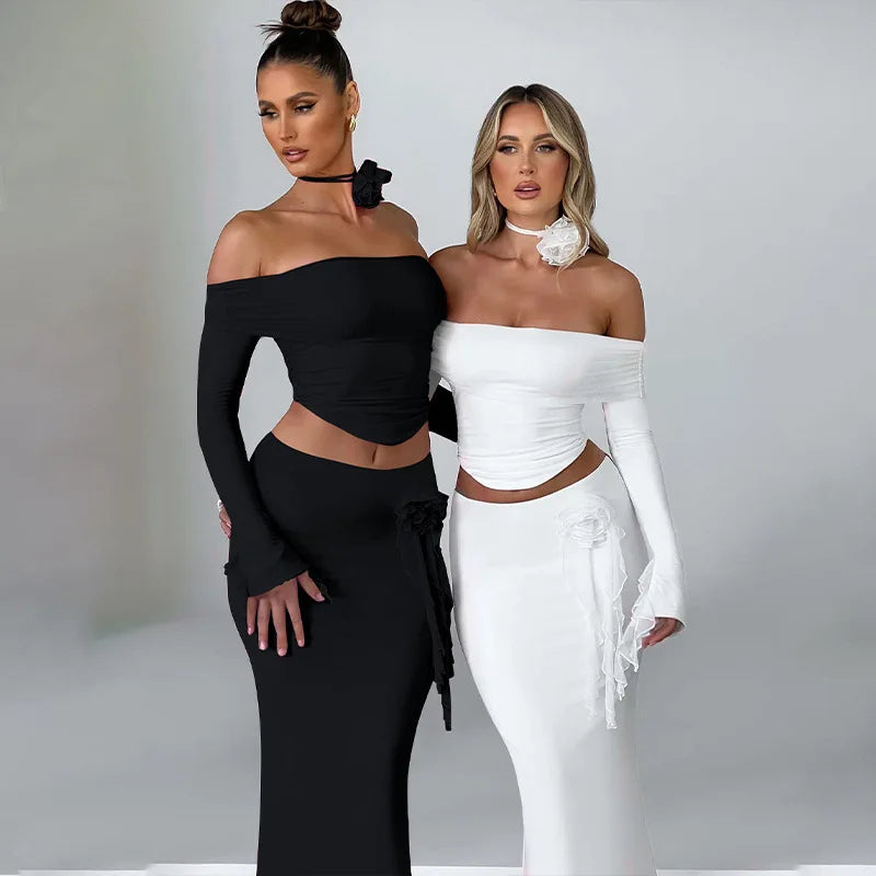 TARUXY Flower Bodycon Skirt Sets Women Slim Sexy Backless Lace Up Tops Women's Party Elegant Dress 2 Piece Womens Suits Outfits