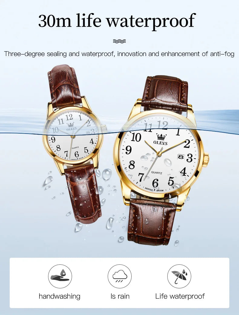 OLEVS 5566 Fashion Quartz Watch for Men and Women Leather Strap Waterproof Original Watch Arabic Numeral Scale Giving to Elders