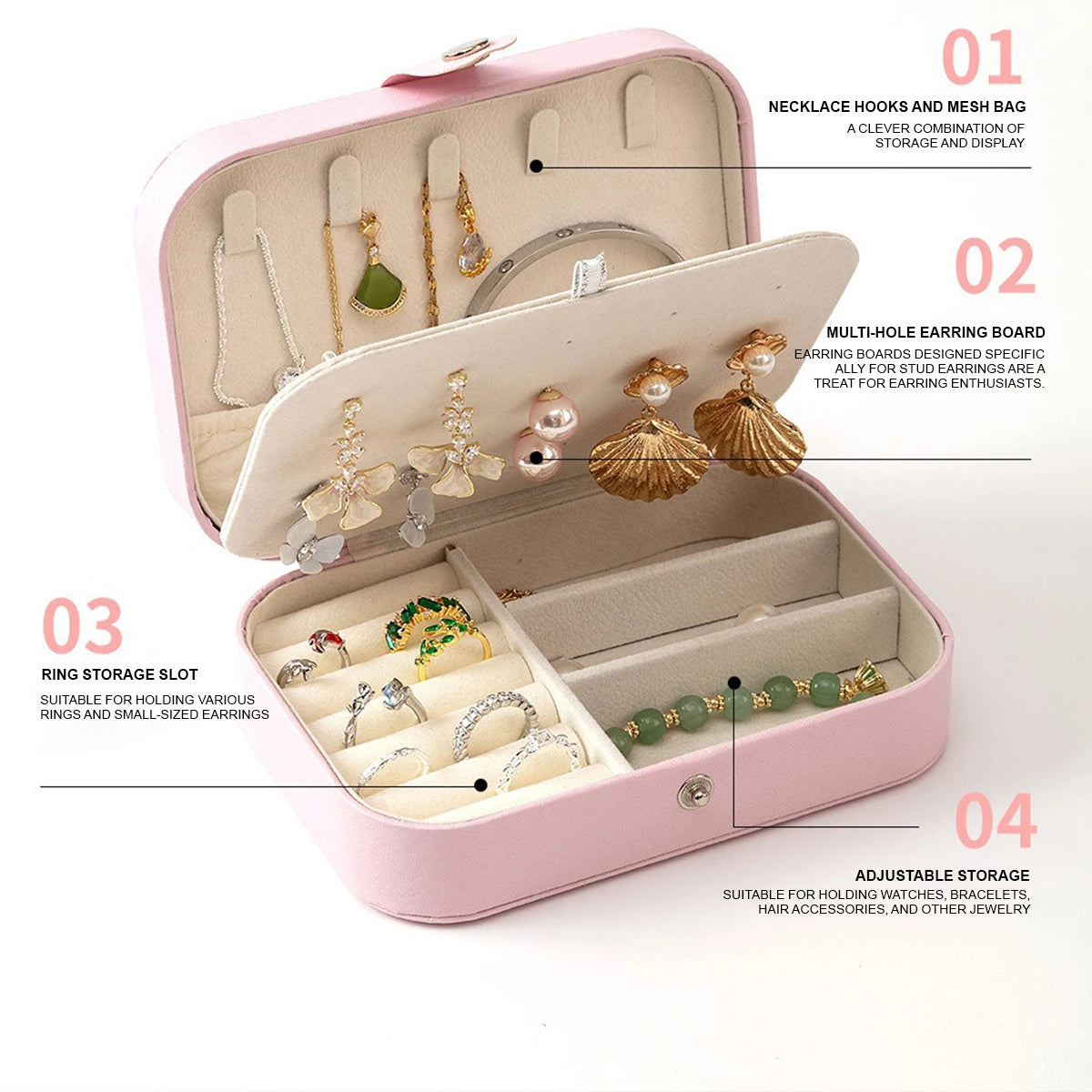 Portable multi-compartment jewelry box with velvet lining - travel-friendly pink accessory storage box