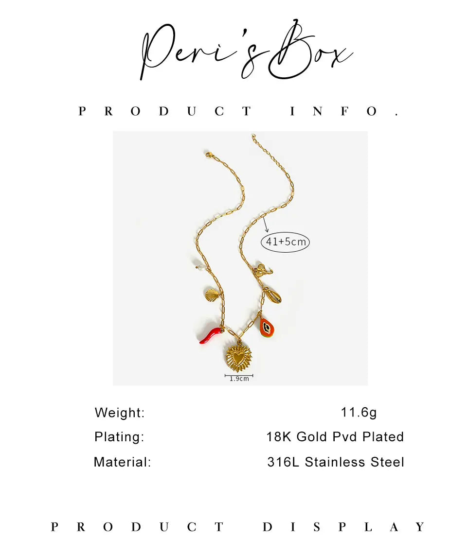 Peri'sbox Boho 18K Gold Plated Freshwater Pearl Red Enamel Pepper Shell Heart Pendant Necklace Women Beach Party Gift Waterproof