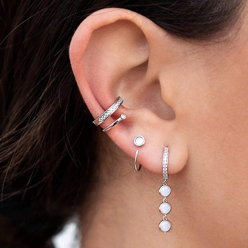 925 Sterling Silver Ear Needle Earrings White Crystal Hoop Earrings For Women Minimalist Opal Pendant Earrings Jewelry Gifts