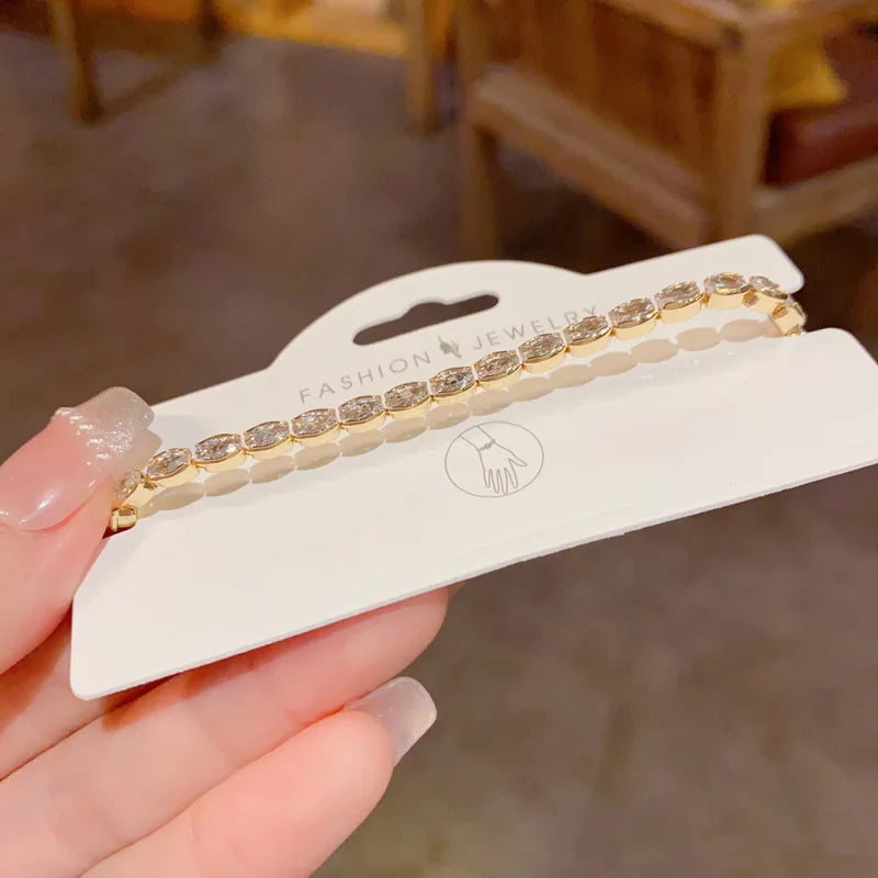 Dainty Oval Zircon Link Chain Bracelet Women Real Gold Plating Sparkling Minimalist Fashion Jewelry Wedding Party Accessory 1750