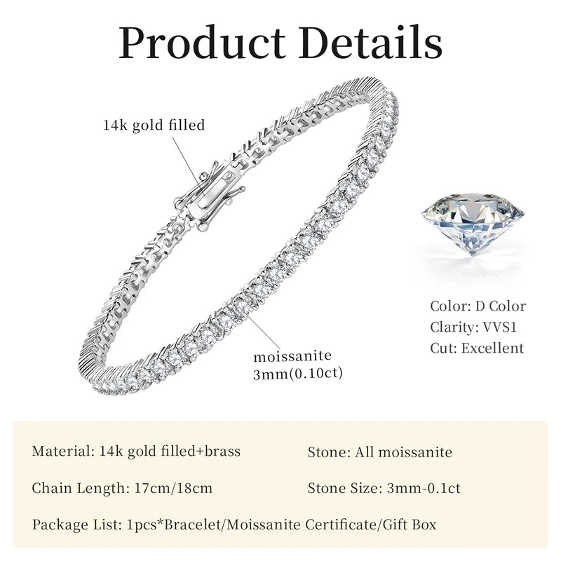 Lnngy Certified 3MM 0.1ct Full Moissanite Tennis Bracelet For Women Men 14K Gold Filled Bracelets Shiny Hand Jewelry Gift