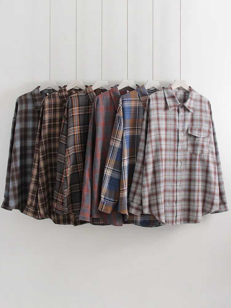 Streamgirl Oversized Plaid Shirt Women 2026 Spring Loose Vintage Long Shirts Full Sleeve Women Plaid Brown Oversized Shirt Blue