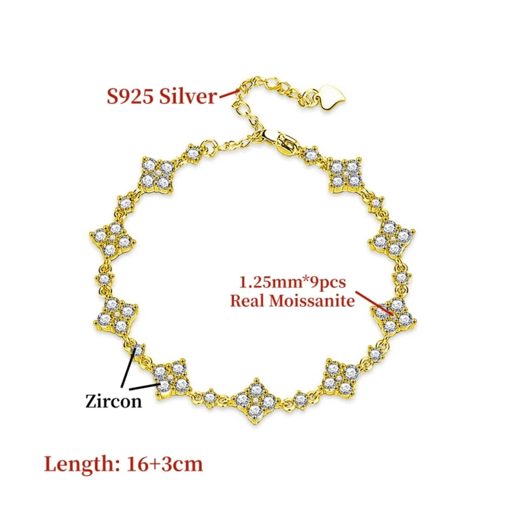 NKHOG Real Moissanite Adjustable Bracelets For Women 925 Sterling Silver Lab Diamond Four Leaf Clover Chains Gifts Fine Jewelry