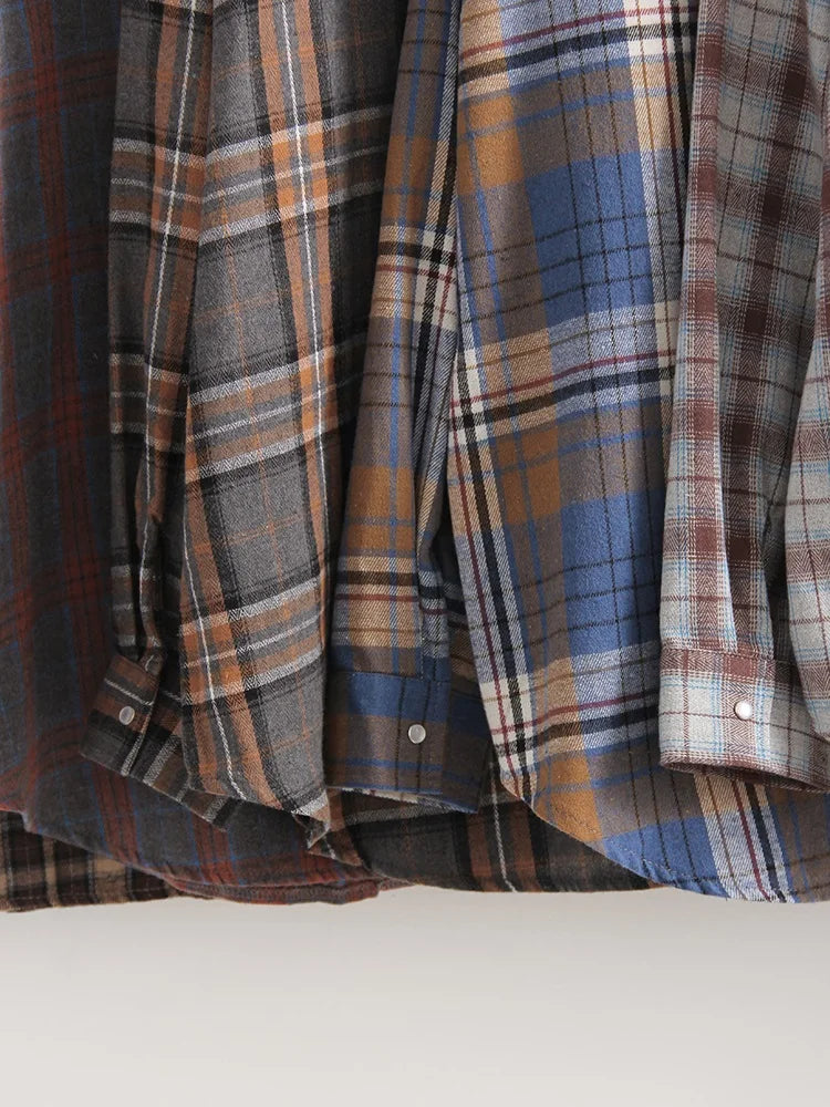 Streamgirl Oversized Plaid Shirt Women 2026 Spring Loose Vintage Long Shirts Full Sleeve Women Plaid Brown Oversized Shirt Blue