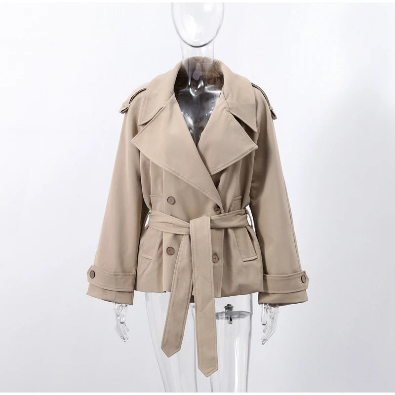 Casual Loose Jackets Women Lapel Long Sleeves Belt Double Breasted Short Windbreaker 2025 Spring Fashion Chic Streetwears Lady