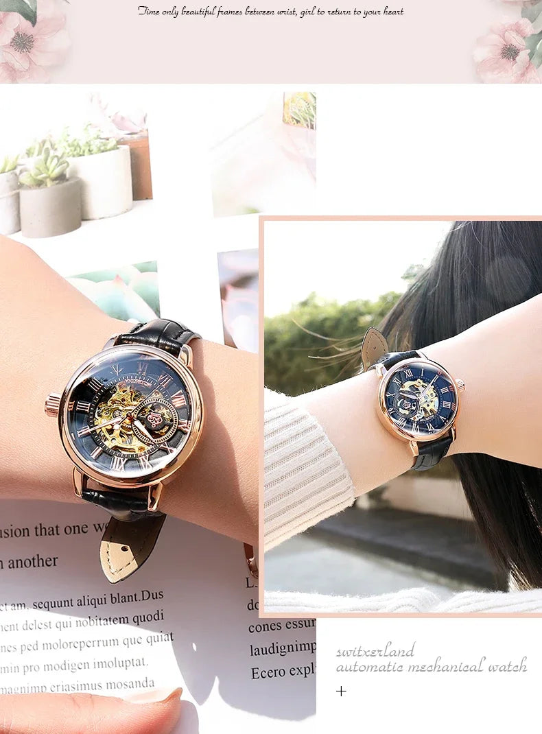 ORKINA Luxury Brand Skeleton Design Waterproof Automatic Mechanical Stainless Steel Mesh Strap Rose Gold Wrist Watch for Women
