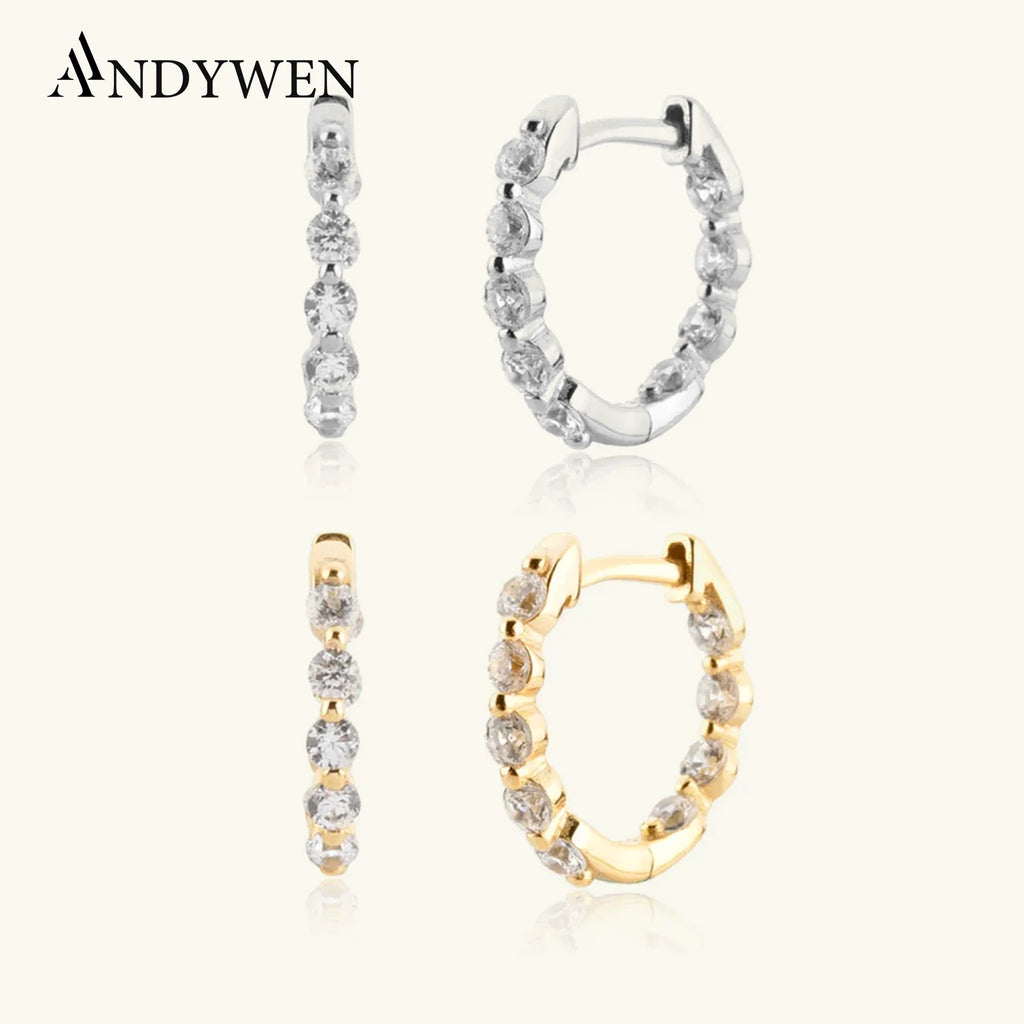 ANDYWEN New 925 Sterling Silver Gold Two Zircon Pave Huggies Piercing Rock Punk Clips Hoops Earring Circle Women Jewelry