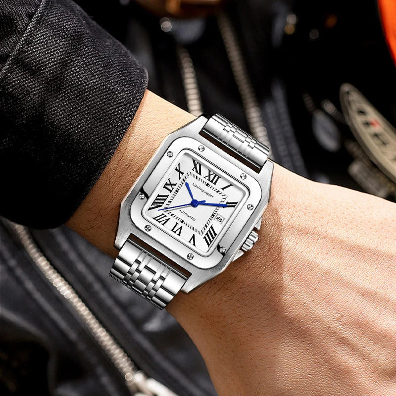 New Genuine High-Quality Square Men's Mechanical Watch, Automatic Winding, Skeleton Design, Stainless Steel Strap, with Calendar Display, European and American Style Tank Series, Fashionable Business Casual Stylish Handsome S