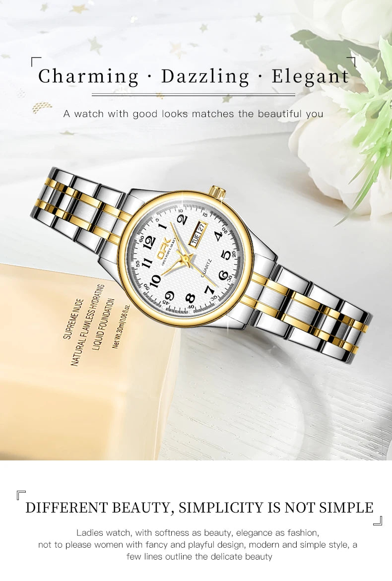 OPK 8110 Ladies Watch Classic Simple Brand Quartz Watch Stainless Steel Strap Watch For Women Waterproof Luminous Day-Date Watch