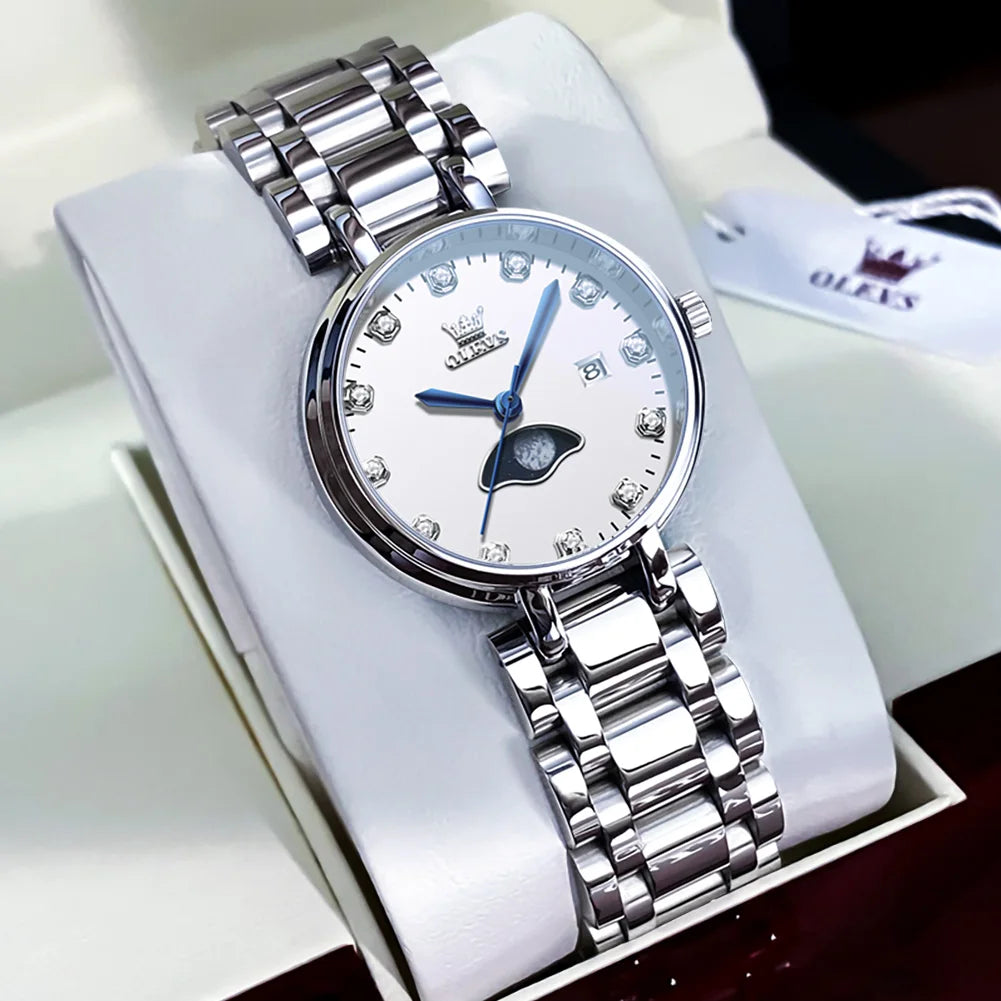 OLEVS Diamond Time Purple Moon Phase Dial Women Watches Luxury Brand New Fashion Women Quartz Watch Steel Waterproof Dress Watch