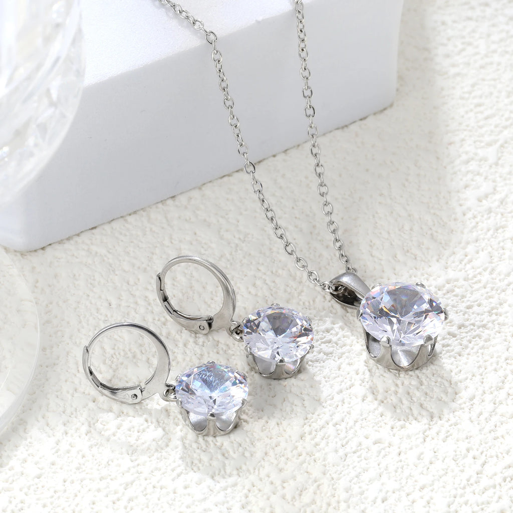 Delicate Jewelry Sets Charm White Blue Pink Color Bling Crystal Pendant Necklace Earring Brinco Wedding Dainty Daily Wear Bijoux