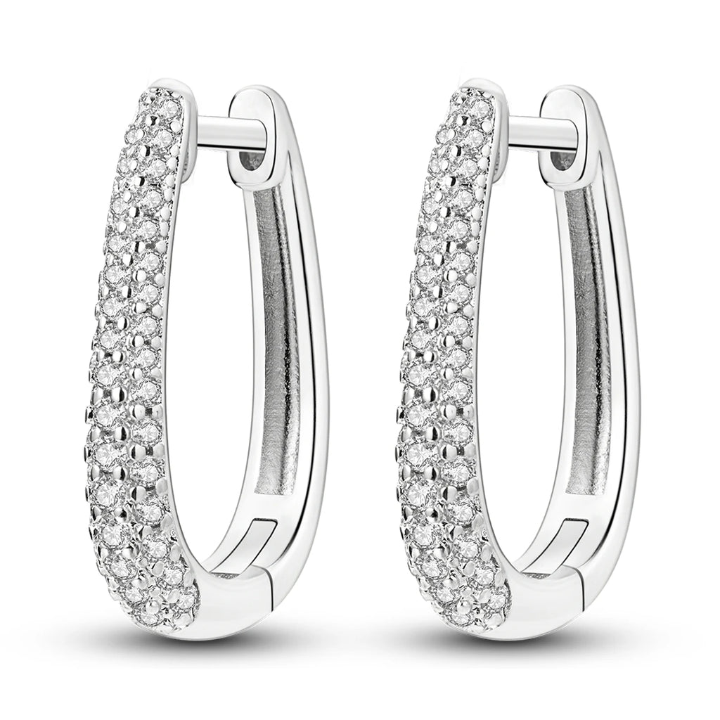 925 Sterling Silver Sparkling Long U-Shaped Hoop Earrings Double Row CZ Oval Huggie Earrings for Women Luxury Versatile Jewelry