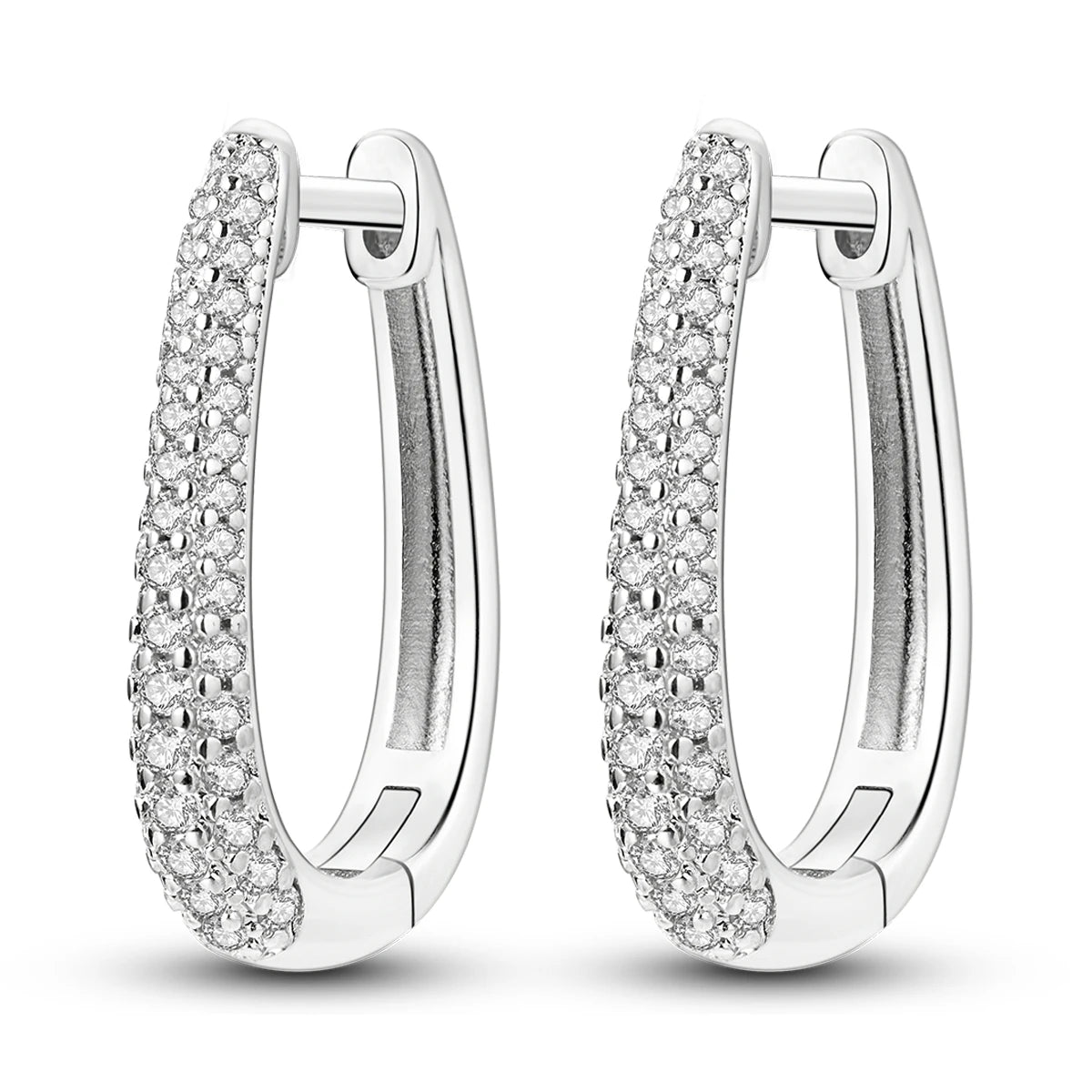 925 Sterling Silver Sparkling Long U-Shaped Hoop Earrings Double Row CZ Oval Huggie Earrings for Women Luxury Versatile Jewelry