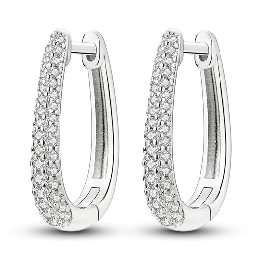 925 Sterling Silver Sparkling Long U-Shaped Hoop Earrings Double Row CZ Oval Huggie Earrings for Women Luxury Versatile Jewelry
