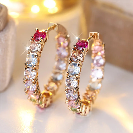 Vintage Huggie Earring Crystal Pink Red Rainbow Zircon Round Hoop Earrings Gold Color Wedding Jewelry For Women Small Ear Buckle
