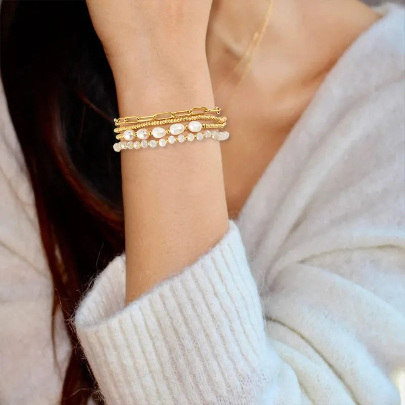 Dainty Gold Pearl Crystal Beaded Bracelets Set for Women 14K Real Gold Plated Stackable Paperclip Link Chain Bracelets Jewelry