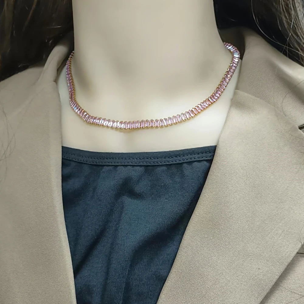 Stainless Steel Necklace Shiny Crystal White Green Cubic Zircon Choker Necklaces For Women Tennis Chain Necklace Jewelry Gift