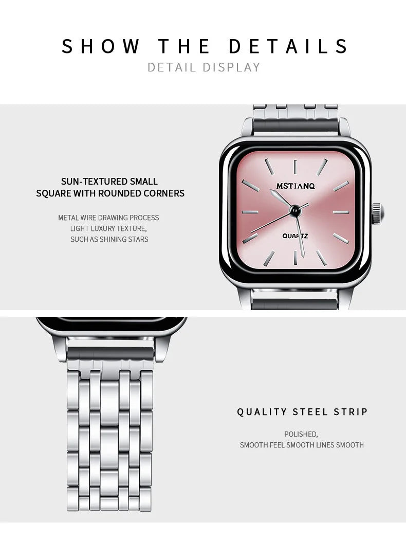 Stainless Steel Watch Women's Ins Style Simple Student Quartz Watch Casual Fashion Versatile Luxury Small Square Wristwatch