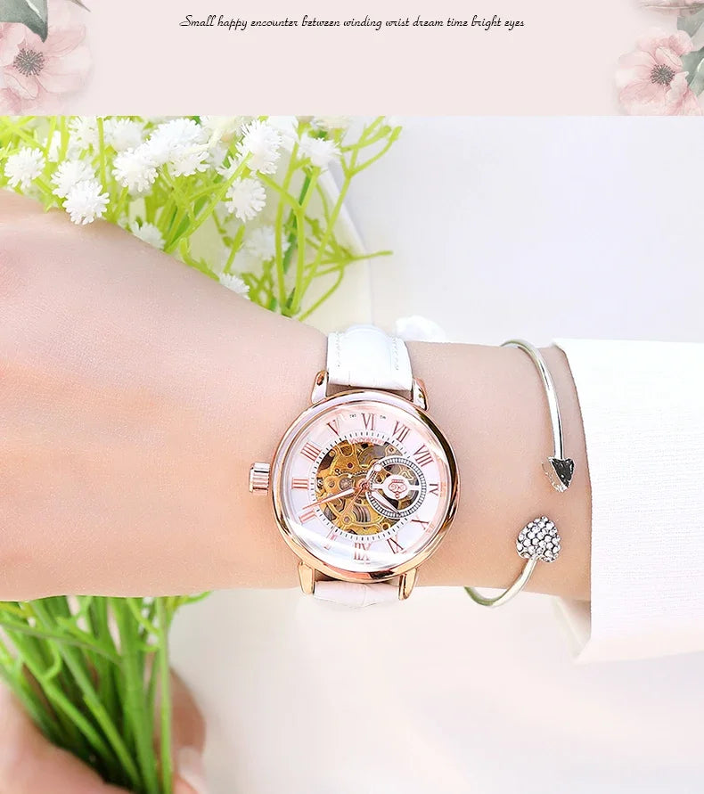 ORKINA Luxury Brand Skeleton Design Waterproof Automatic Mechanical Stainless Steel Mesh Strap Rose Gold Wrist Watch for Women