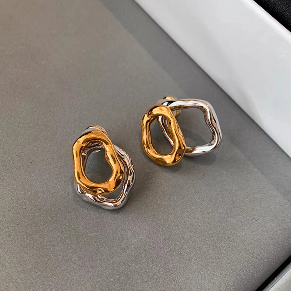 Two-wear Irregular Gold Sliver Colors Circles Bilayer Piercing Post Earring for Women Bicolor Hammered Texture Geometric Jewelry