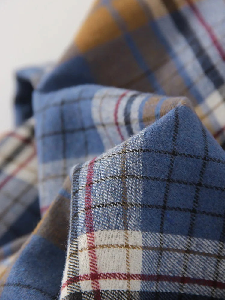 Streamgirl Oversized Plaid Shirt Women 2026 Spring Loose Vintage Long Shirts Full Sleeve Women Plaid Brown Oversized Shirt Blue