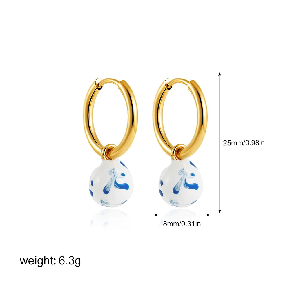 New Trendy White and Blue Enamel Flower Pattern Hoop Earrings for Women Charm Gold Plated U Shape Huggie Hoops Statement Jewelry