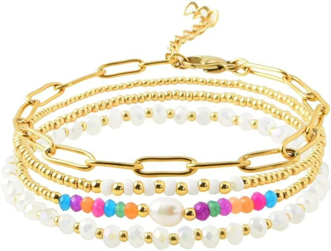 Dainty Gold Pearl Crystal Beaded Bracelets Set for Women 14K Real Gold Plated Stackable Paperclip Link Chain Bracelets Jewelry