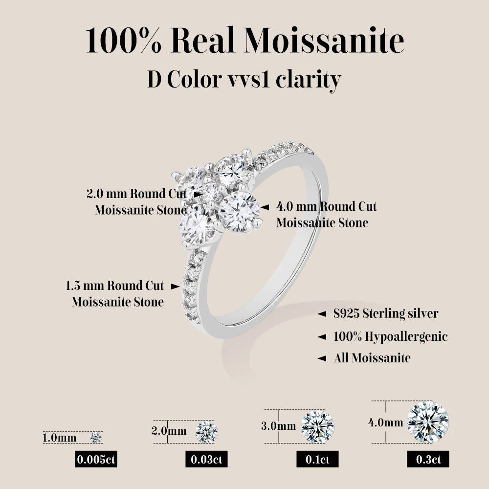 ATTAGEMS 925 Sterling Silver Luxury Full Moissanite Rings 0.3ct DVVS1 Round Cut Sparkling Engagement Band for Women Fine Jewelry