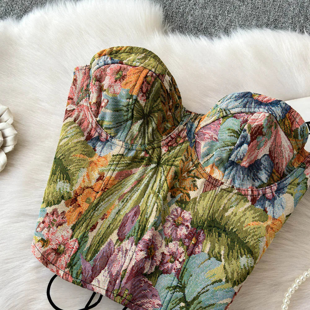 Hotsweet Sleeveless Sexy Strapless Backless Fashion Oil Painting Print Slim Short Tank Top Streetwear High Street Women Clothing