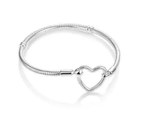 925 Silver original 17-21CM Pearl Heart-Shaped Hard Ring Square Buckle Round Bracelet Fit for DIY Mini Birthday Jewelry Gifts