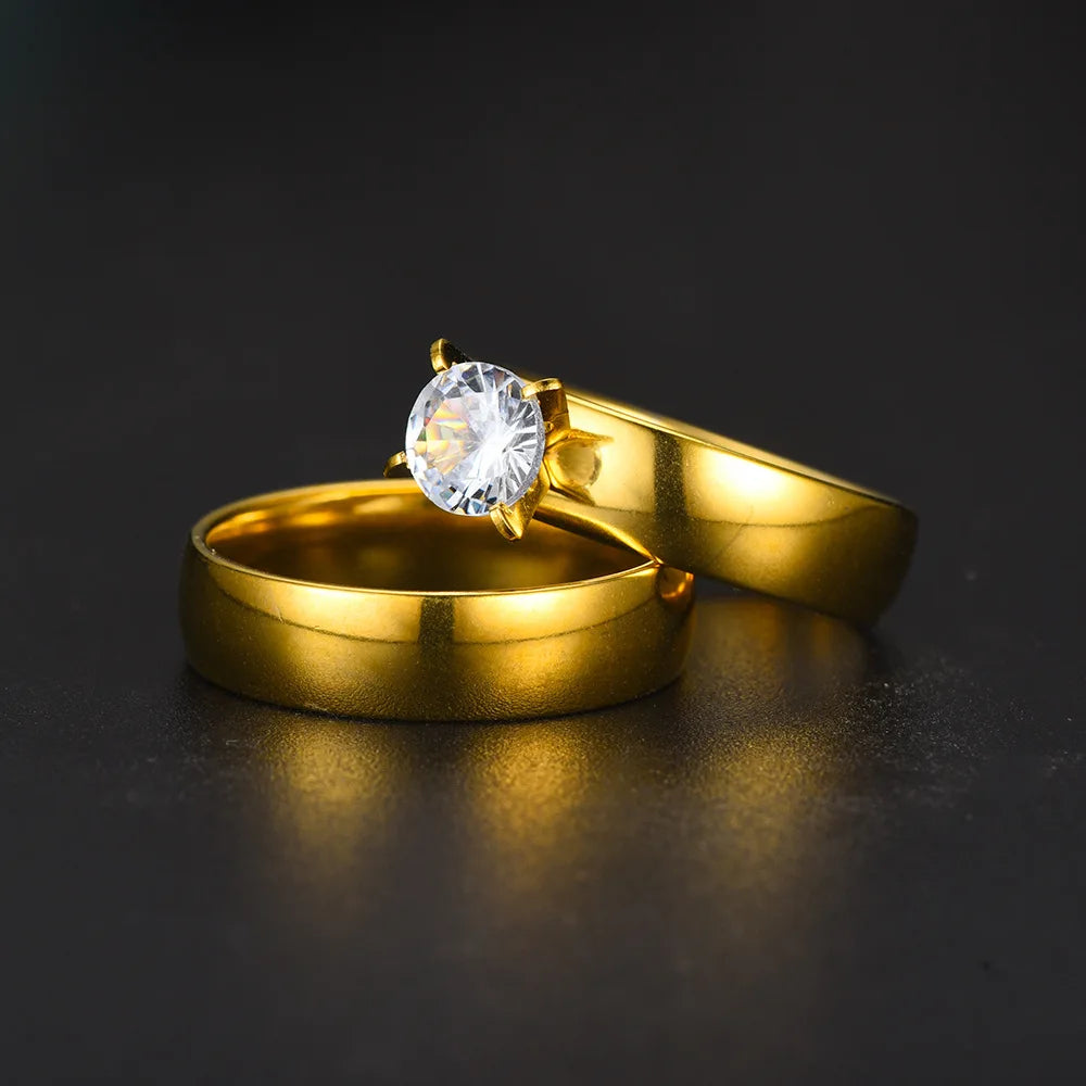 New Style Fashion Gold Plated Zircon Stainless Steel Couple Rings For Women Men Engagement Ring Valentine Day Gift Size 6-12