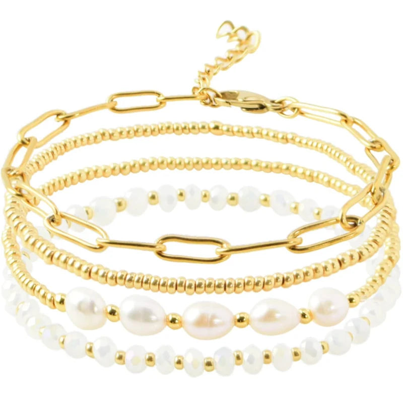 Dainty Gold Pearl Crystal Beaded Bracelets Set for Women 14K Real Gold Plated Stackable Paperclip Link Chain Bracelets Jewelry