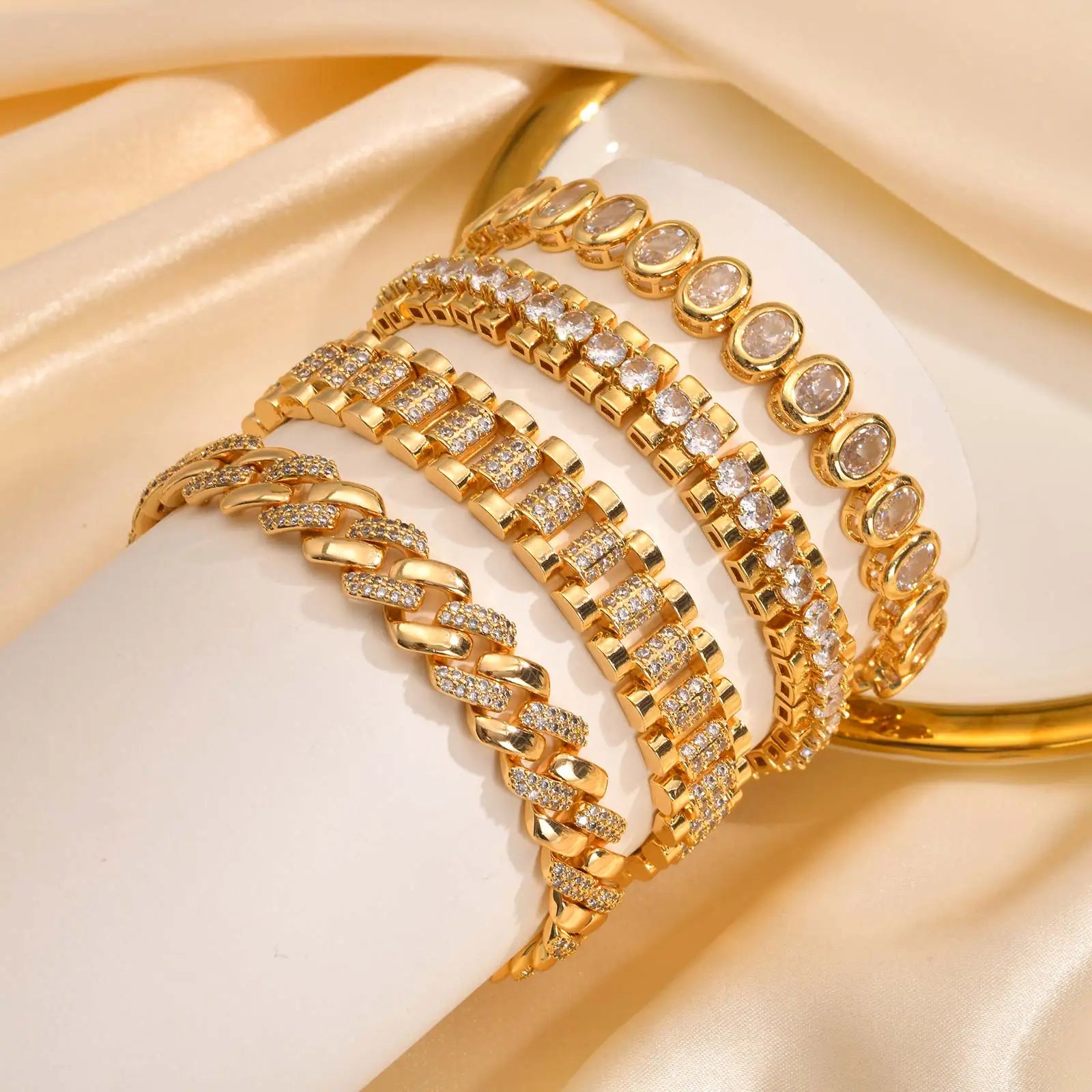 Paperclip Chain Bracelet 14K Gold Plated Cubic Zirconia Watch Strap Chunky Link Adjustable Stackable Jewelry For Women Girl Gift