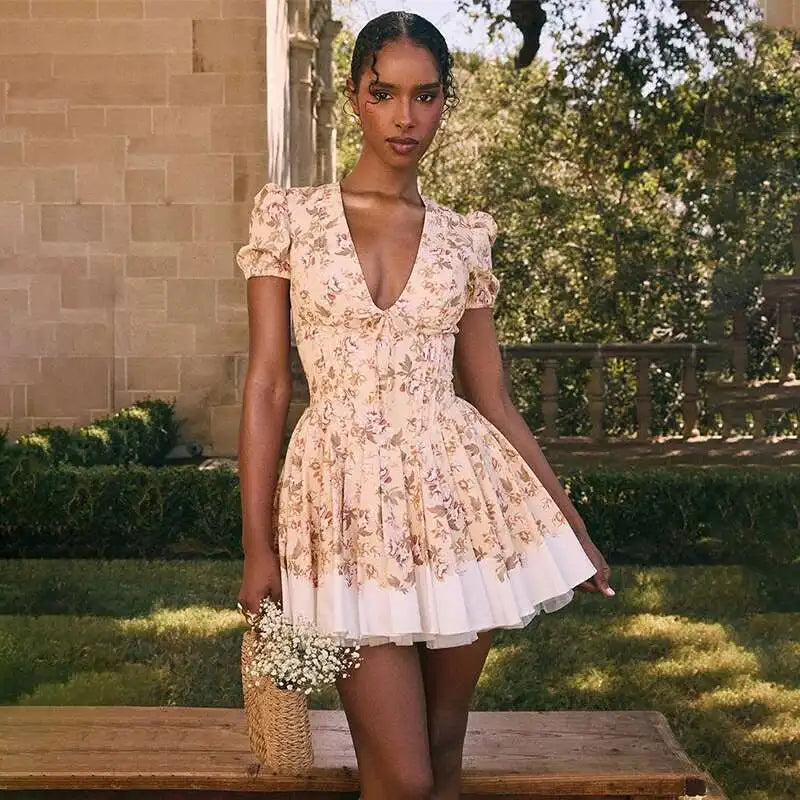 Townlike Patchwork Print Waiist Wrap A-line Pleated Dress Women Mini 2024 Summer Dress V Neck Nightclub Sexy Party Dresses
