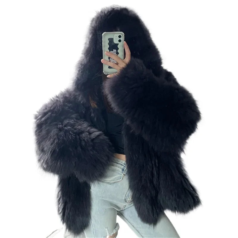 ZXRYXGS Elegant Temperament Hooded Coat Women's Clothing Imitation Fox Fur Coat 2025 New Autumn Winter Jackets Black White