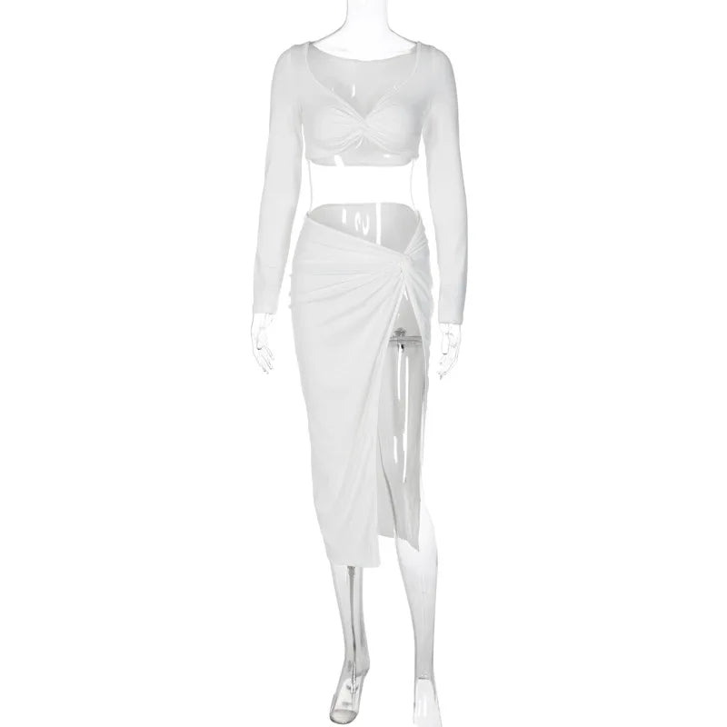 Y2K Ruched Long Sleeve Cropped Top and Skirt Co-ords Set Elegant Fashion Club Outfits Asymmetric Split Matching Sets