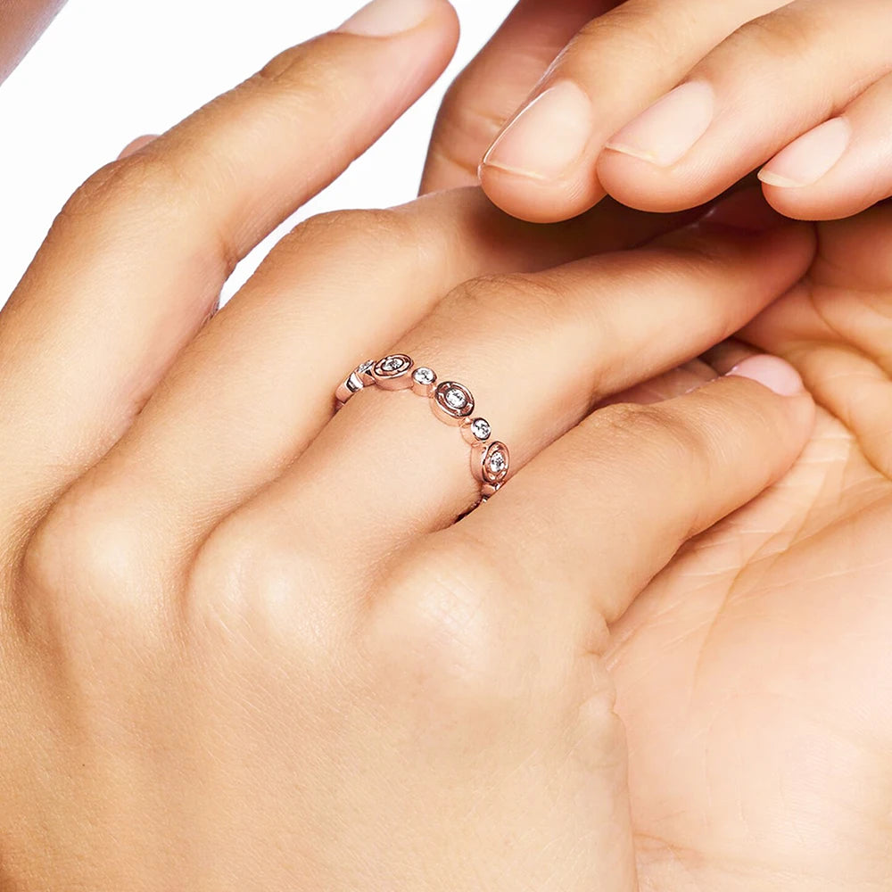 Round Circles Rose Gold Ring Fine Jewerly For Women Spring Brand New Romantic Gift In Real 925 Sterling Silver