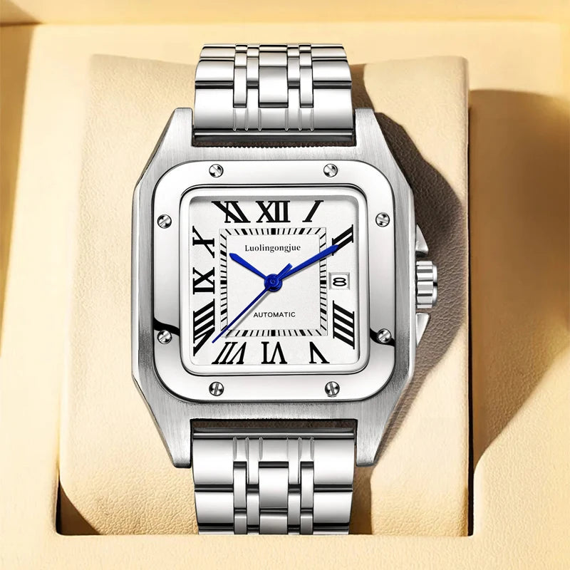 New Genuine High-Quality Square Men's Mechanical Watch, Automatic Winding, Skeleton Design, Stainless Steel Strap, with Calendar Display, European and American Style Tank Series, Fashionable Business Casual Stylish Handsome S