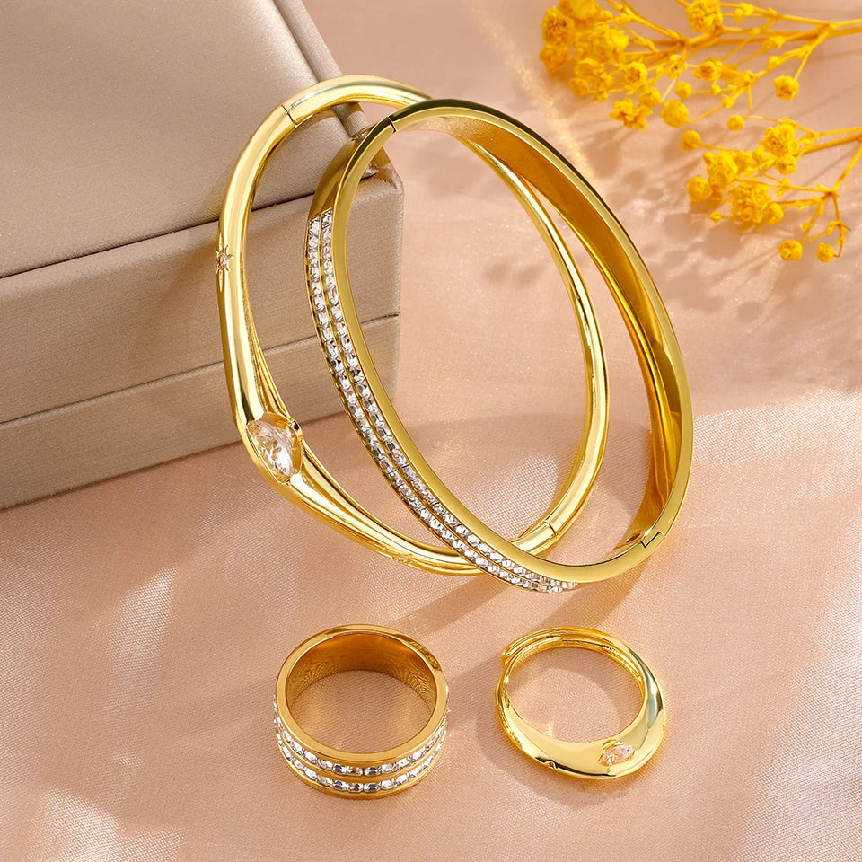 ZAKOL 4pcs/set Light Luxury Women’s Jewelry Sparkling Bracelet Ring Set with Rhinestone Waterproof Stainless Steel Jewelry
