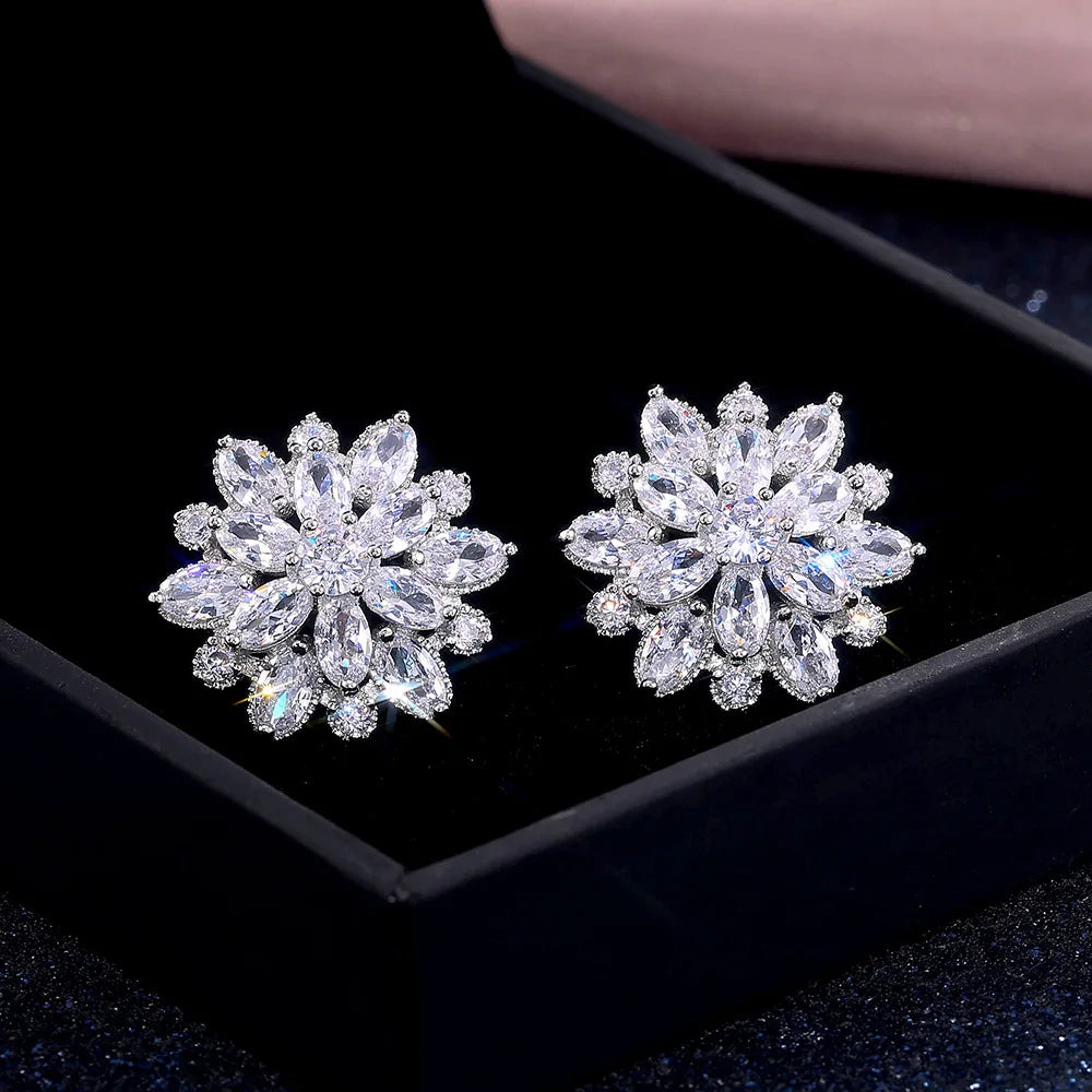 Cute Big AAAAA Bling Cubic Zirconia 925 Silver Needle Stud Earrings Fashionable Flower Earring for Women Jewelry Gift Brincos