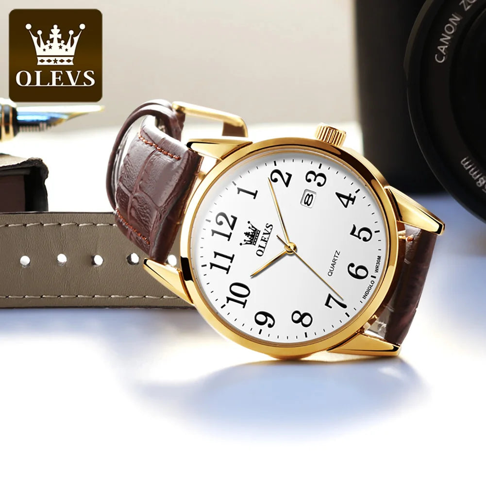 OLEVS 5566 Fashion Quartz Watch for Men and Women Leather Strap Waterproof Original Watch Arabic Numeral Scale Giving to Elders