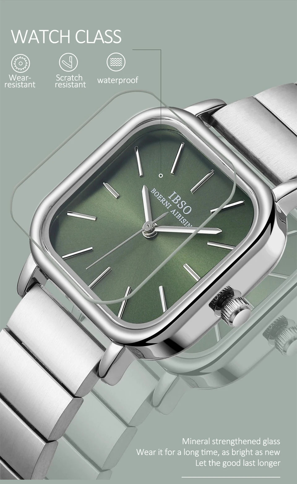 IBSO 2022 New Women Quartz Watches Waterproof Japanese Movement Stainless Steel Strap Square Dial Elegant Female Wristwatches