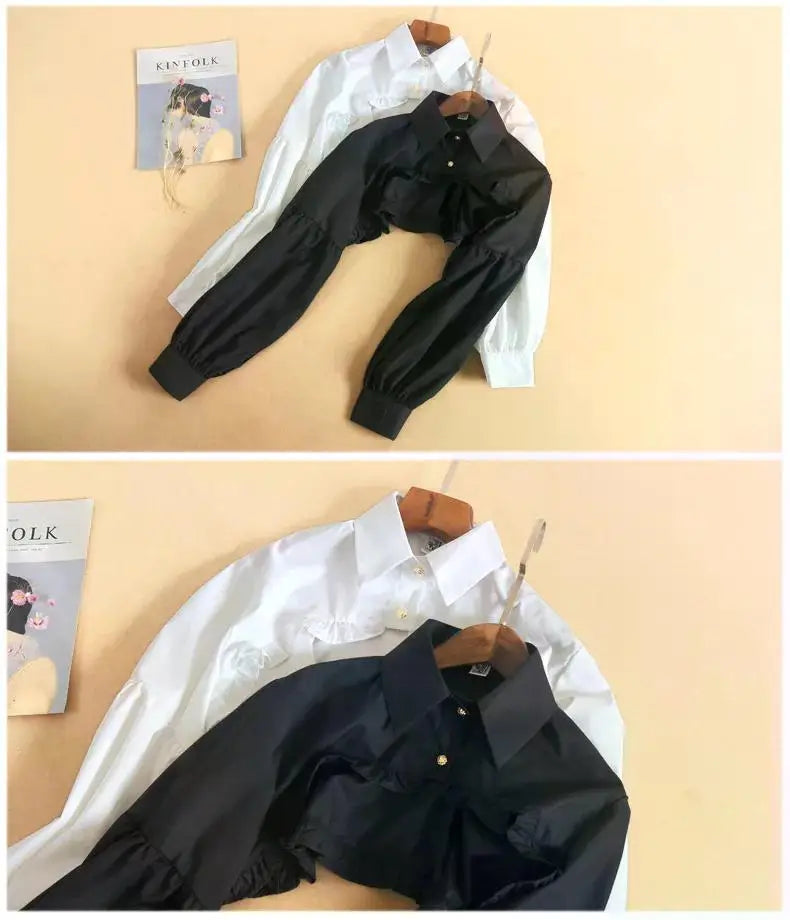 Women Puff Long Sleeve T Shirts Short Top Blouse Ruffled Button Detachable Spread Collar Sweater Decorative Accessories T Shirt