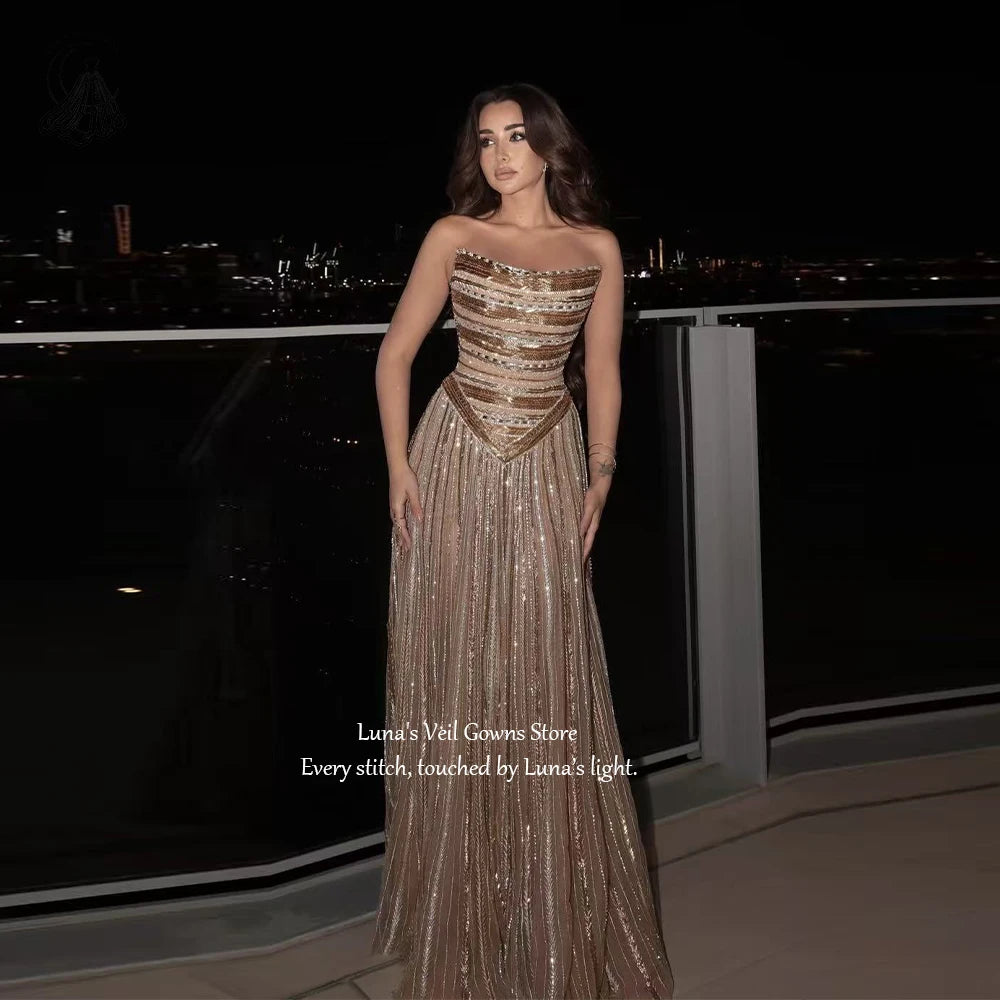 LunaV Luxury Glamorous Strapless Sweetheart Sequin Striped Beaded Tulle Mesh Sheer Design Evening Gown Prom Wedding Formal Party