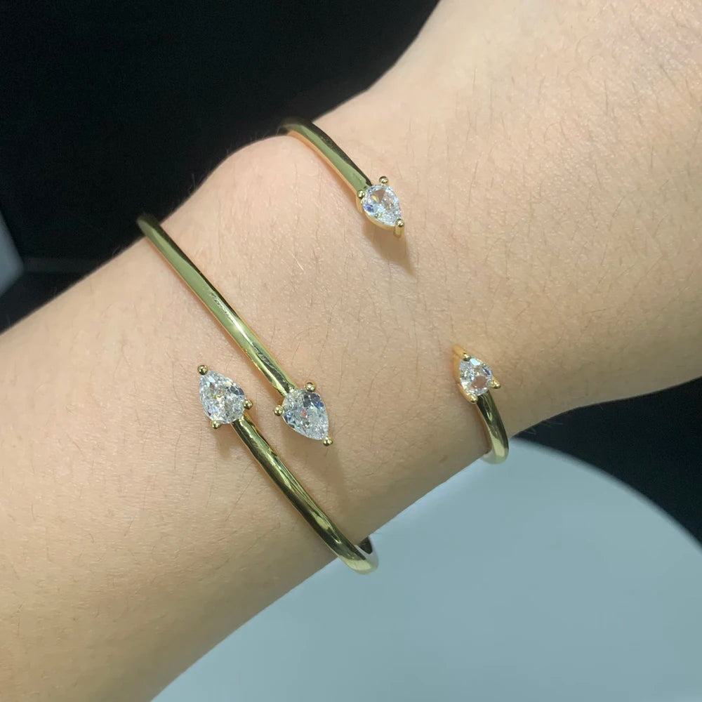18K Gold Plated Geometric Fashion Women Jewelry 5A Sparking Tear Drop CZ Wrap Open Adjusted Cuff Bangle